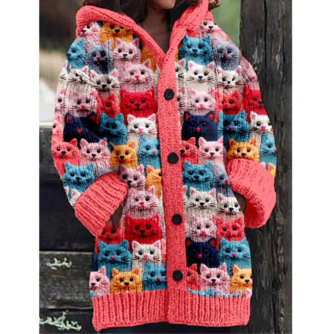 Stijlvolle Cardigan Met Kattenprint | Met Capuchon