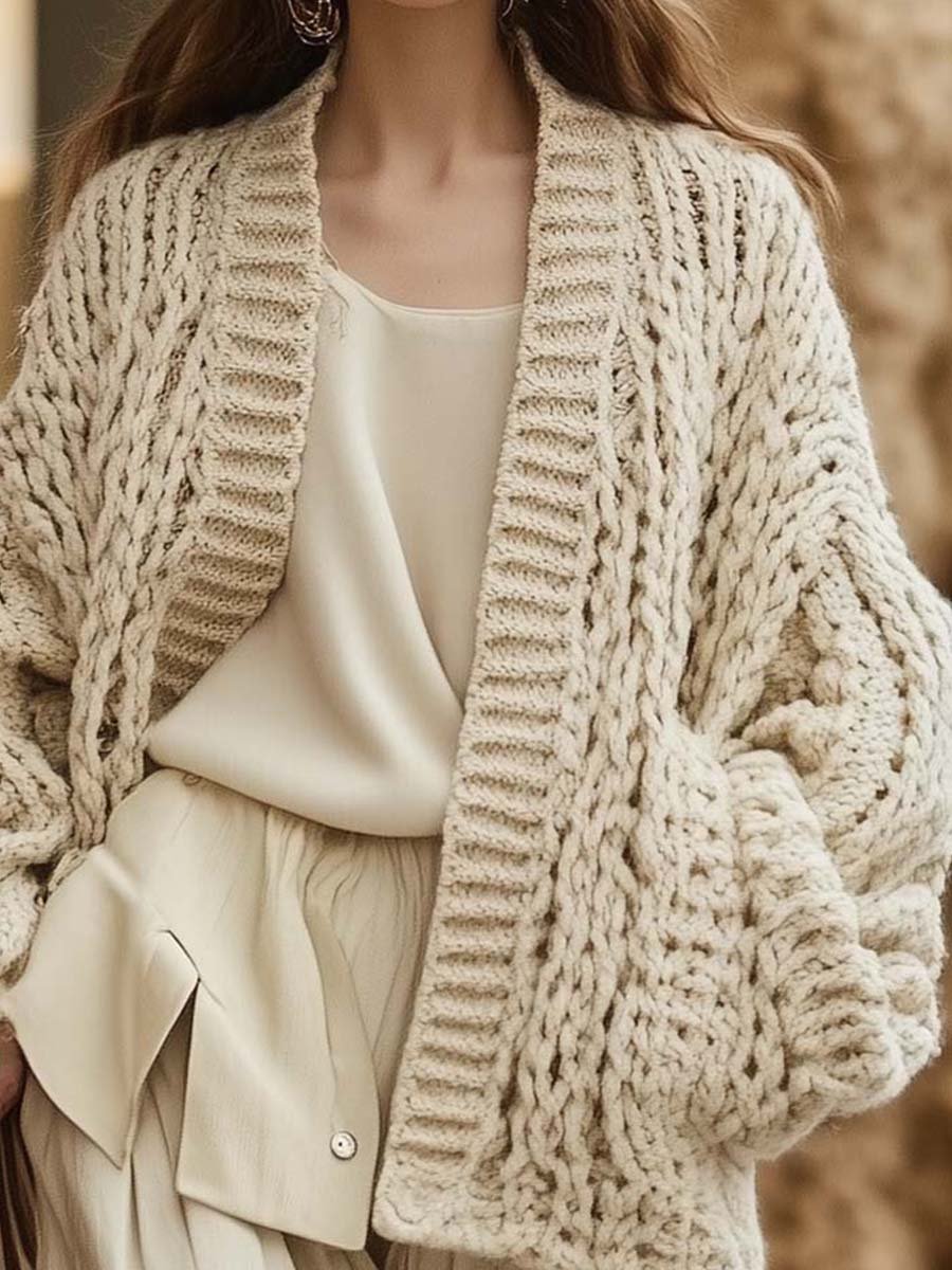 Retro Grof Gebreide Beige cardigan Dames Vest - Noah