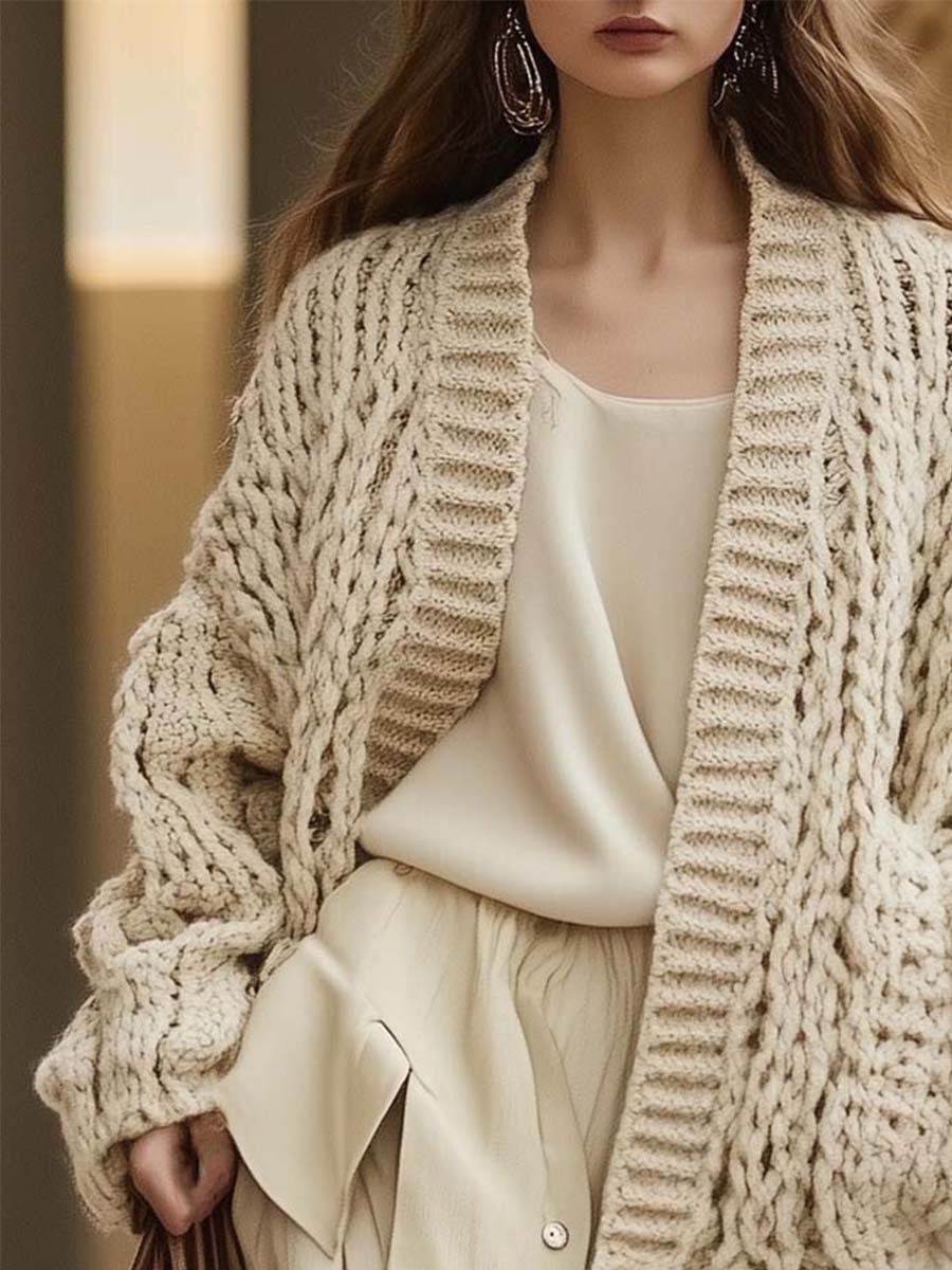 Retro Grof Gebreide Beige cardigan Dames Vest - Noah