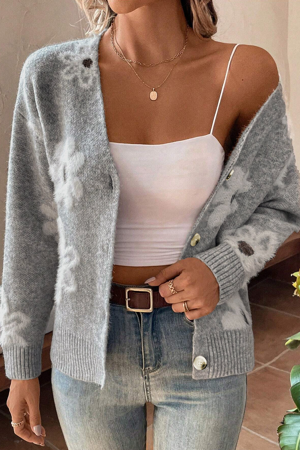 Gebreid Vest Met V-Hals En Bloemen | Lange Mouwen