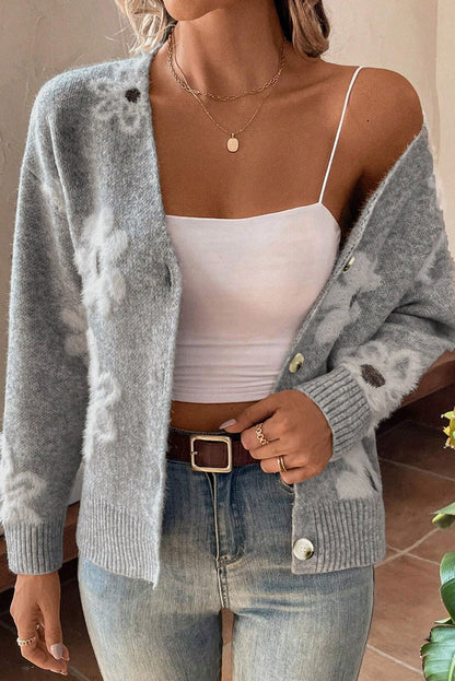 Gebreid Vest Met V-Hals En Bloemen | Lange Mouwen