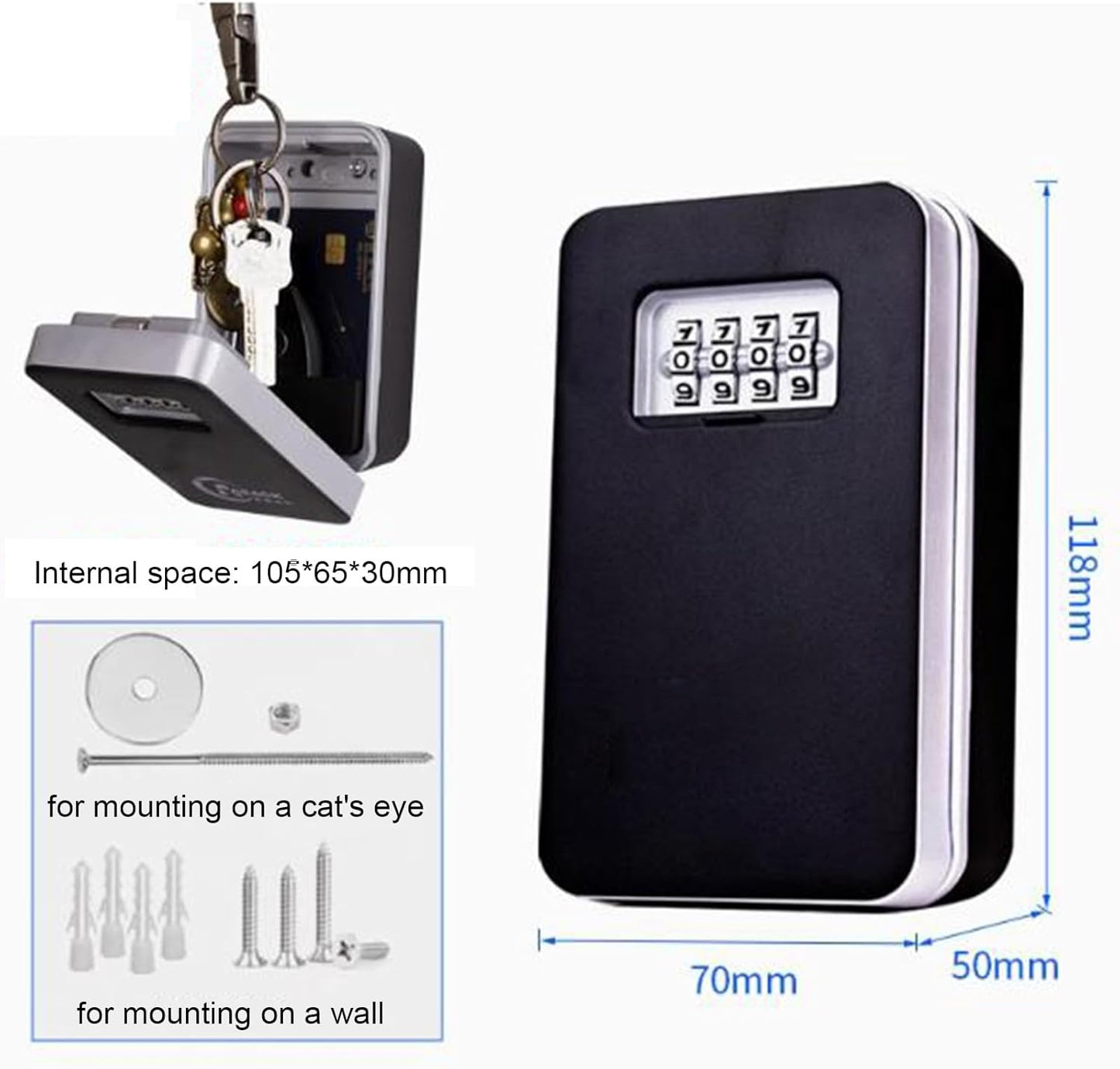 Key Lock Box voor Buiten – Beveiligde Sleutelkast met Instelbare Code voor Huis, Inclusief Montagekit (Wandmontage)