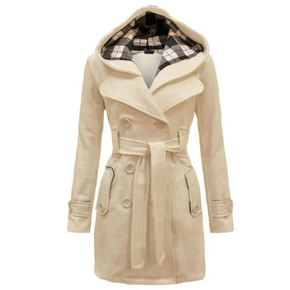 Elegante Warme Dames Trenchcoat Winterjas Met Capuchon - Celeste