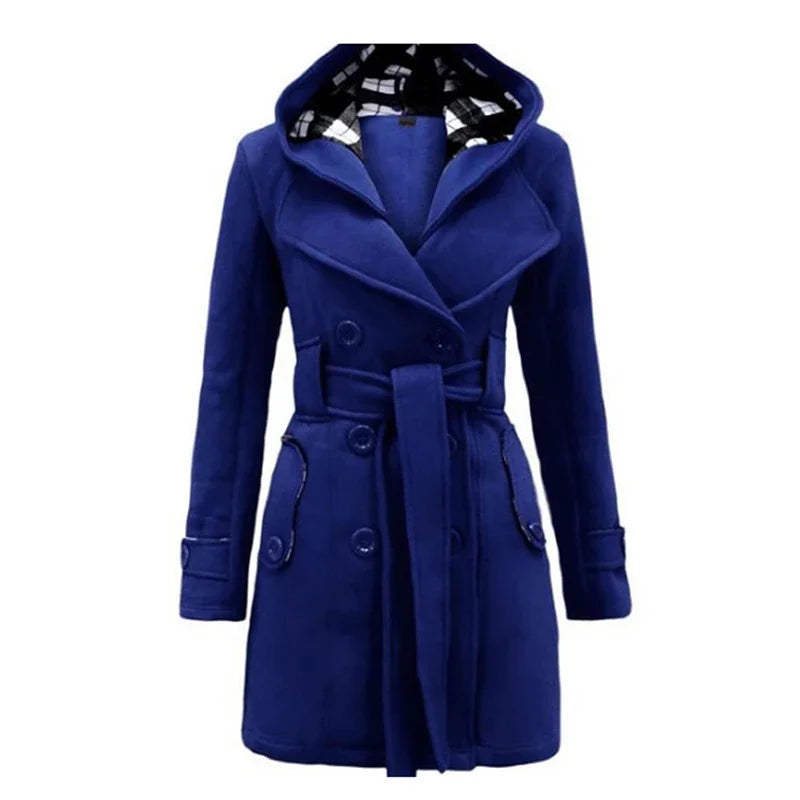 Elegante Warme Dames Trenchcoat Winterjas Met Capuchon - Celeste