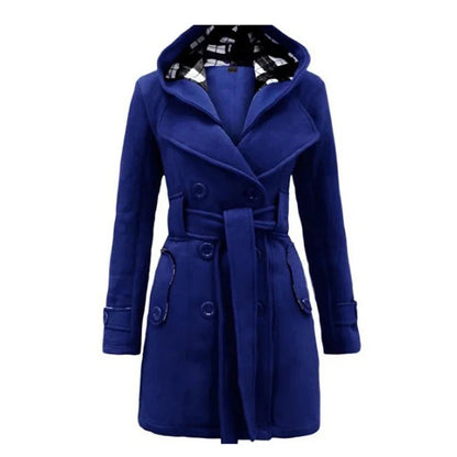 Elegante Warme Dames Trenchcoat Winterjas Met Capuchon - Celeste