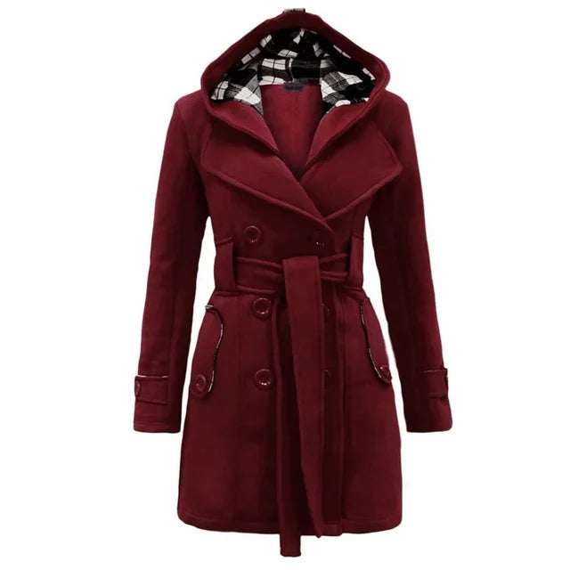 Elegante Warme Dames Trenchcoat Winterjas Met Capuchon - Celeste