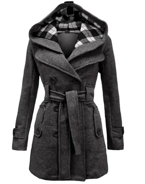 Elegante Warme Dames Trenchcoat Winterjas Met Capuchon - Celeste