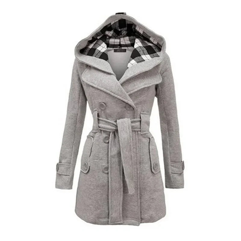 Elegante Warme Dames Trenchcoat Winterjas Met Capuchon - Celeste