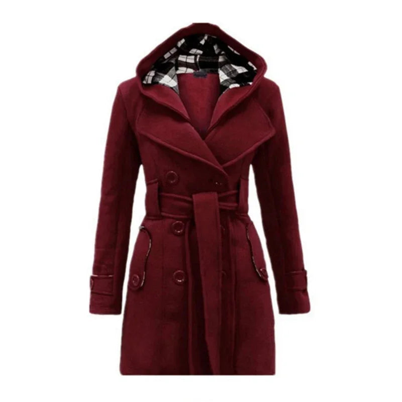 Elegante Warme Dames Trenchcoat Winterjas Met Capuchon - Celeste