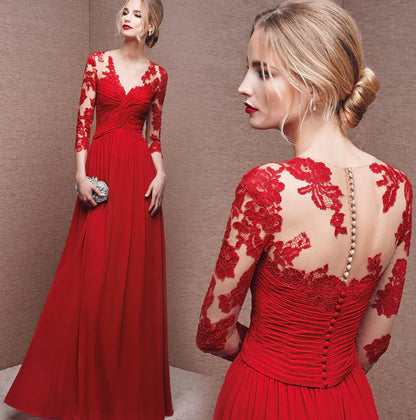 Ophélie | Elegante V-halsjurk Met Kanten Mouwen | Maxi