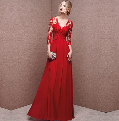 Ophélie | Elegante V-halsjurk Met Kanten Mouwen | Maxi