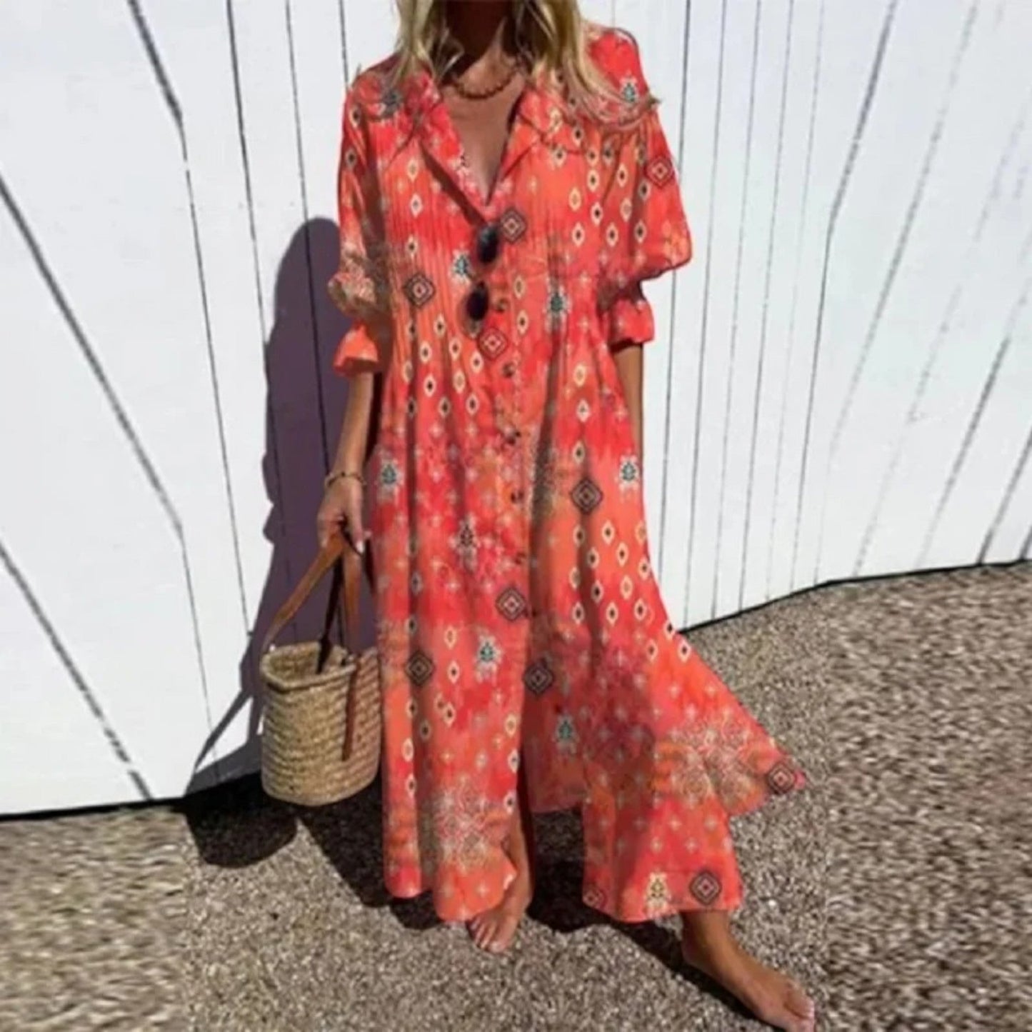 Boheemse Jurk Met V-hals | Maxi
